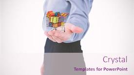  Presentation with gifts - Colorful slide set enhanced with businesswoman presenting with hand against trolley full of gifts backdrop and a sky blue colored foreground