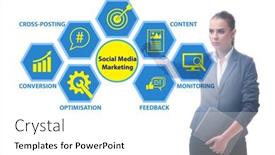  Presentation with concept - PPT theme having businesswoman-pressing-button-in-smm background and a  colored foreground