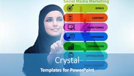  Presentation with concept - Cool new slide set with businesswoman-pressing-button-in-smm backdrop and a teal colored foreground