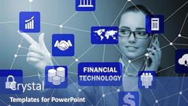  Presentation with fintech - Amazing theme having businesswoman-pressing-buttons-in-fintech backdrop and a ocean colored foreground