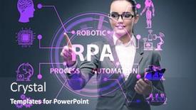  Presentation with concept - Beautiful PPT theme featuring businesswoman-pressing-buttons-in-rpa backdrop and a ocean colored foreground