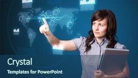  Presentation with modern tech - Amazing PPT theme having businesswoman pressing high tech type backdrop and a ocean colored foreground
