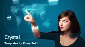  Presentation with modern tech - Audience pleasing PPT theme consisting of businesswoman pressing high tech type backdrop and a ocean colored foreground