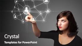  Presentation with social - Presentation design having businesswoman pressing modern social buttons background and a dark gray colored foreground