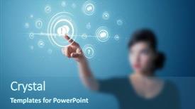  Presentation with social - Slide set featuring businesswoman pressing modern social buttons on a virtual background background and a ocean colored foreground