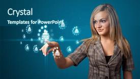  Presentation with social - Cool new theme with businesswoman pressing modern social buttons backdrop and a ocean colored foreground