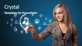  Presentation with multimedia - Colorful PPT layouts enhanced with businesswoman pressing multimedia type backdrop and a ocean colored foreground