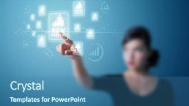  Presentation with promotion - Cool new PPT theme with businesswoman pressing promotion and shipping type of modern buttons backdrop and a ocean colored foreground