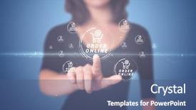  Presentation with promotion - Presentation design consisting of businesswoman pressing promotion and shipping type of modern buttons background and a ocean colored foreground