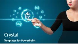  Presentation with promotion - Amazing PPT layouts having businesswoman pressing promotion and shipping type of modern buttons backdrop and a ocean colored foreground