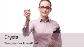  Presentation with virtual - PPT layouts featuring businesswoman pressing virtual button isolated background and a coral colored foreground