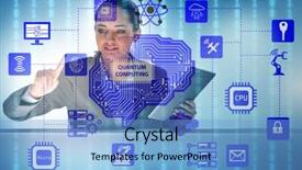  Presentation with quantum computing - Slide set enhanced with businesswoman pressing virtual button background and a light blue colored foreground