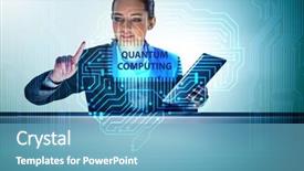  Presentation with quantum computing - PPT theme with businesswoman pressing virtual button background and a teal colored foreground
