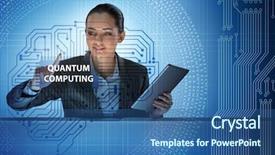  Presentation with quantum computing - Slide set consisting of businesswoman pressing virtual button background and a ocean colored foreground