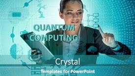  Presentation with quantum computing - Theme featuring businesswoman-pressing-virtual-button background and a teal colored foreground