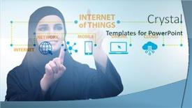  Presentation with iot - Presentation with businesswoman-pressing-virtual-button background and a sky blue colored foreground