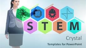  Presentation with step - Presentation theme consisting of businesswoman-pressing-virtual-buttons background and a sky blue colored foreground