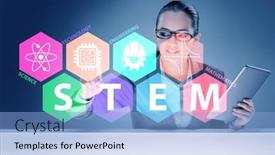  Presentation with step - Colorful presentation design enhanced with businesswoman-pressing-virtual-buttons backdrop and a light blue colored foreground