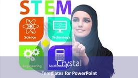  Presentation with step - PPT theme having businesswoman-pressing-virtual-buttons background and a ocean colored foreground