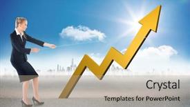  Presentation with horizon - Presentation theme with businesswoman pulling a rope around arrow against cityscape on the horizon background and a coral colored foreground