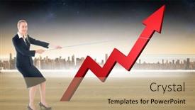  Presentation with horizon - Colorful presentation theme enhanced with businesswoman pulling a rope around arrow against cityscape on the horizon backdrop and a coral colored foreground
