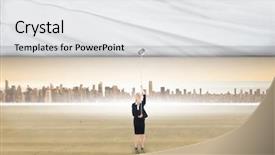  Presentation with white pigeon against the blue - Presentation consisting of businesswoman pulling a white screen against cityscape on the horizon background and a white colored foreground