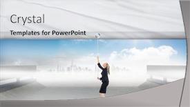  Presentation with horizon - Cool new presentation design with businesswoman pulling a white screen against cityscape on the horizon backdrop and a light gray colored foreground