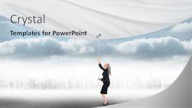  Presentation with horizon - Slide set featuring businesswoman pulling a white screen against city on the horizon background and a white colored foreground