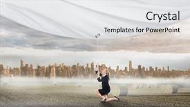  Presentation with horizon - PPT theme enhanced with businesswoman pulling a white screen against large city on the horizon background and a white colored foreground