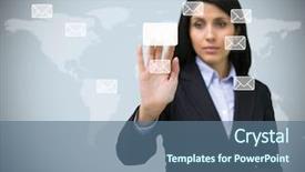  Presentation with holographic - Cool new presentation theme with businesswoman pushing holographic email symbol on grey world map background backdrop and a ocean colored foreground