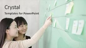  Presentation with note - Amazing PPT theme having businesswoman putting a stick note backdrop and a light gray colored foreground