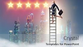  Presentation with 5 stars five star rating - Audience pleasing PPT theme consisting of businesswoman reaching out for stars in success concept backdrop and a light blue colored foreground