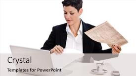  Presentation with newspaper - Cool new slides with businesswoman reading financial newspaper white background backdrop and a soft green colored foreground