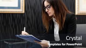  Presentation with important - Presentation theme with businesswoman-reading-important-business-papers background and a wine colored foreground