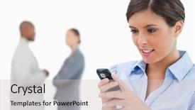  Presentation with text message - Beautiful theme featuring businesswoman reading text message with associates behind her against a white background backdrop and a soft green colored foreground