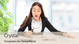  Presentation with news - Theme enhanced with businesswoman reading the news with scrutiny indoors background and a lemonade colored foreground