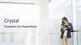  Presentation with railing - Colorful slides enhanced with businesswoman reviewing documents against railing backdrop and a white colored foreground