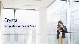  Presentation with office - Slide deck consisting of businesswoman reviewing documents in office background and a sky blue colored foreground