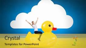  Presentation with rubber duck - PPT theme consisting of businesswoman riding yellow rubber duck background and a  colored foreground