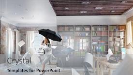  Presentation with umbrella - Presentation design consisting of businesswoman-running-with-umbrella-mixed background and a  colored foreground