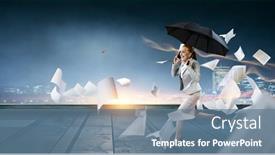  Presentation with umbrella - PPT theme enhanced with businesswoman-running-with-umbrella-mixed background and a ocean colored foreground