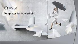  Presentation with umbrella - PPT theme having businesswoman-running-with-umbrella-mixed background and a light gray colored foreground