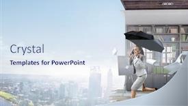  Presentation with umbrella - Presentation featuring businesswoman-running-with-umbrella-mixed background and a sky blue colored foreground