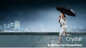  Presentation with umbrella - Presentation theme consisting of businesswoman-running-with-umbrella-mixed background and a ocean colored foreground