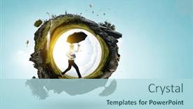  Presentation with umbrella - PPT theme having businesswoman-running-with-umbrella-mixed background and a light blue colored foreground