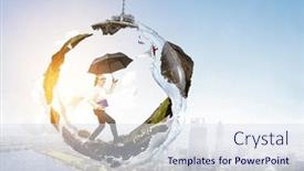  Presentation with umbrella - PPT theme featuring businesswoman-running-with-umbrella-mixed background and a sky blue colored foreground
