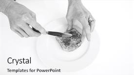  Presentation with butter - Beautiful presentation featuring businesswoman's hands spreading butter on bread backdrop and a white colored foreground