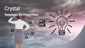  Presentation with light bulbs - Colorful slide deck enhanced with businesswoman scratching her head against light bulbs graphic on colourful horizon backdrop and a gray colored foreground