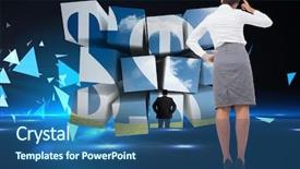  Presentation with technical - Slide deck consisting of businesswoman scratching her head against small pyramids on technical background background and a ocean colored foreground