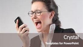 Presentation with angry - Slide deck with businesswoman screaming on the mobile background and a gray colored foreground